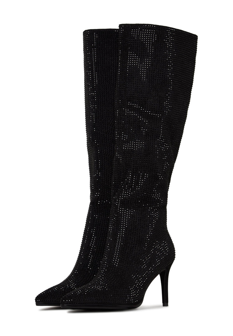 Jewel Stiletto Knee High Boots Mili - Black