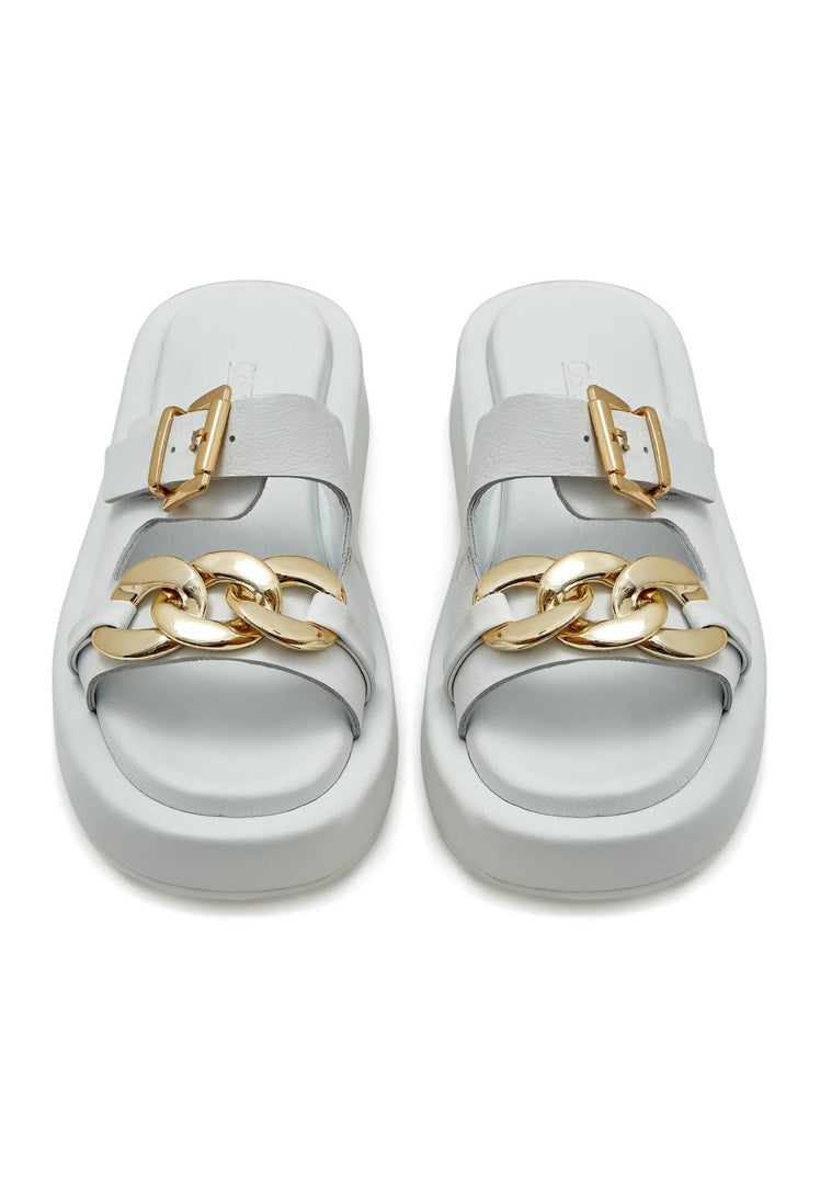 A trendy pair of white leather chain sandals, ideal for women's summer footwear fashion.