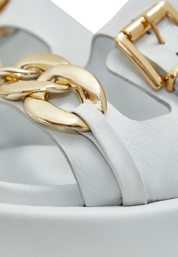 A close-up image of white leather chain sandals, perfect for women's summer footwear.