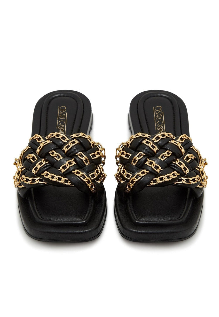 A pair of stylish black leather chain sandals for women, perfect for the summer with eye-catching chain detail design.