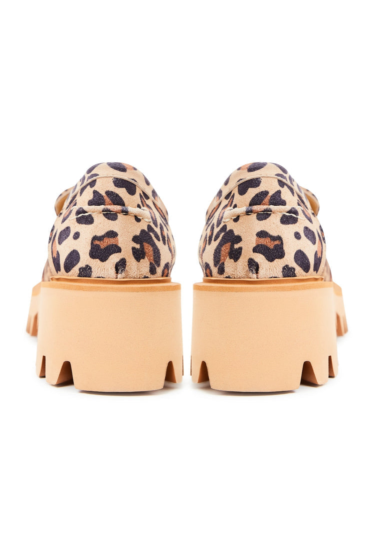 A trendy pair of chunky platform leopard print loafers, perfect for fashion-forward women looking to make a statement with their footwear.