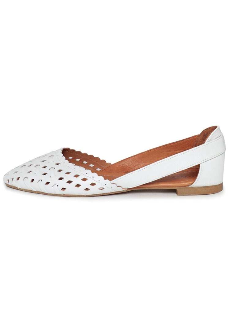 A pair of stylish white leather cut-out ballet flats, perfect for any outfit.