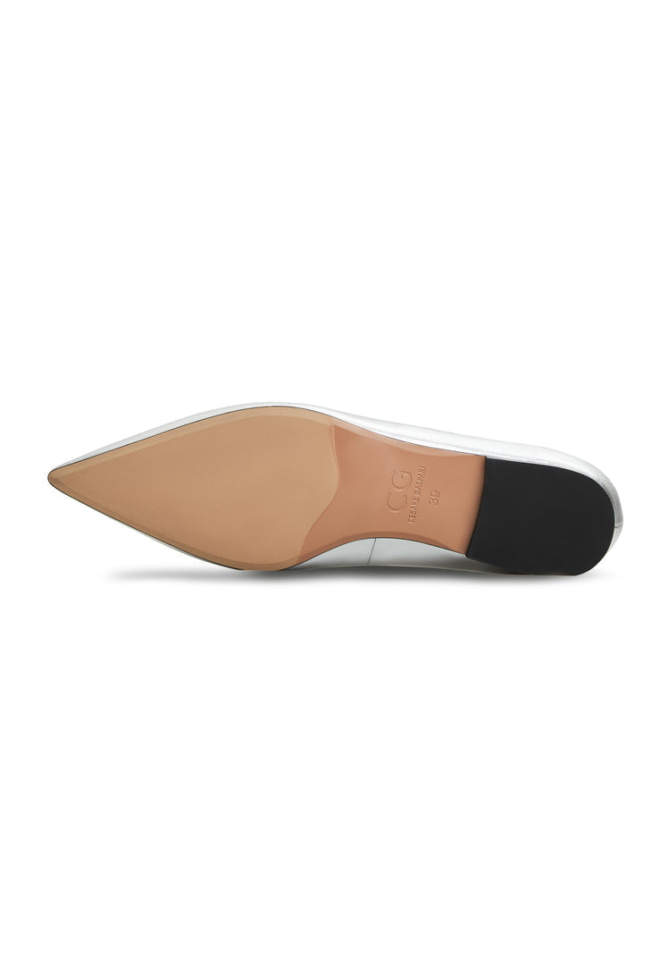 A stylish pair of women's flat silver ballerinas, known as Camila ballerinas, featuring a flat sole and metallic finish perfect for any outfit.