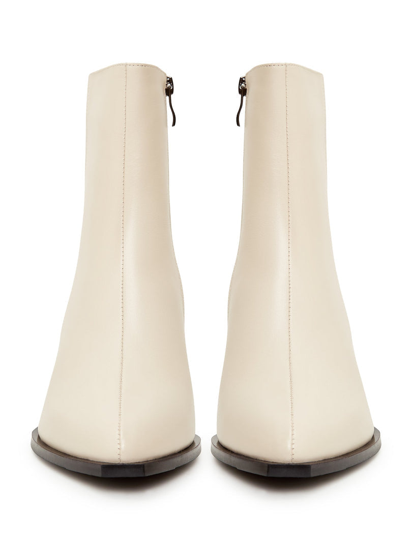 Leather Block Heel Ankle Boots - Beige