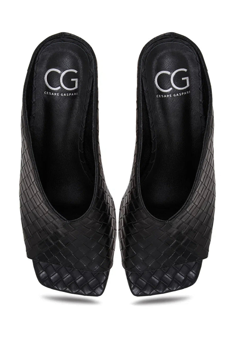 Woven Leather Mules with Kitten Heels