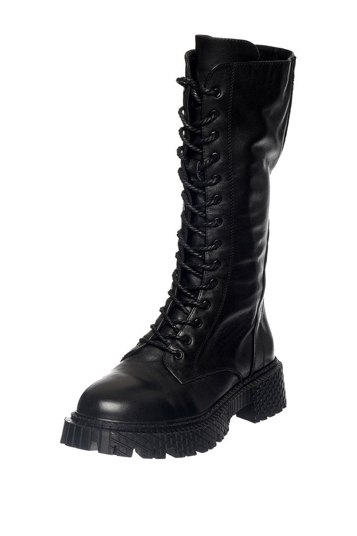 A pair of black high-laced combat boots, perfect for tactical missions and military style wear.