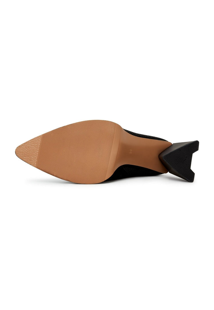 A stylish pair of black suede pointed toe ankle boots with a block heel, perfect for any outfit.