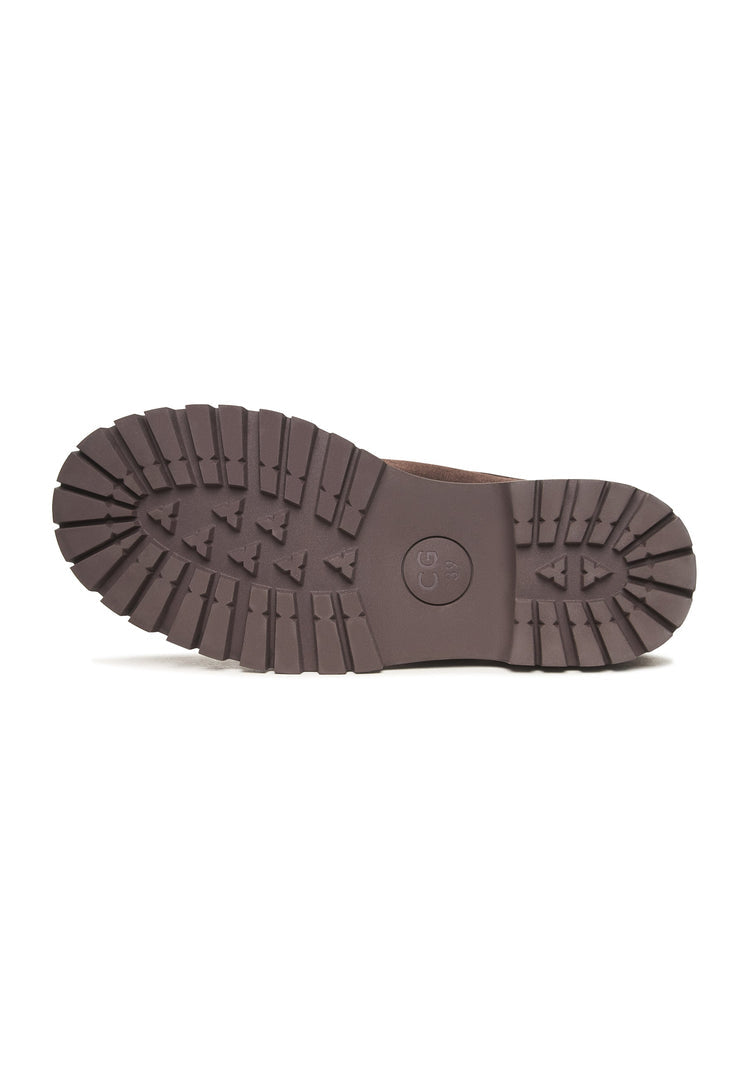 A close-up image of brown suede lace-up ankle boots, featuring stylish Mavi boots for women.