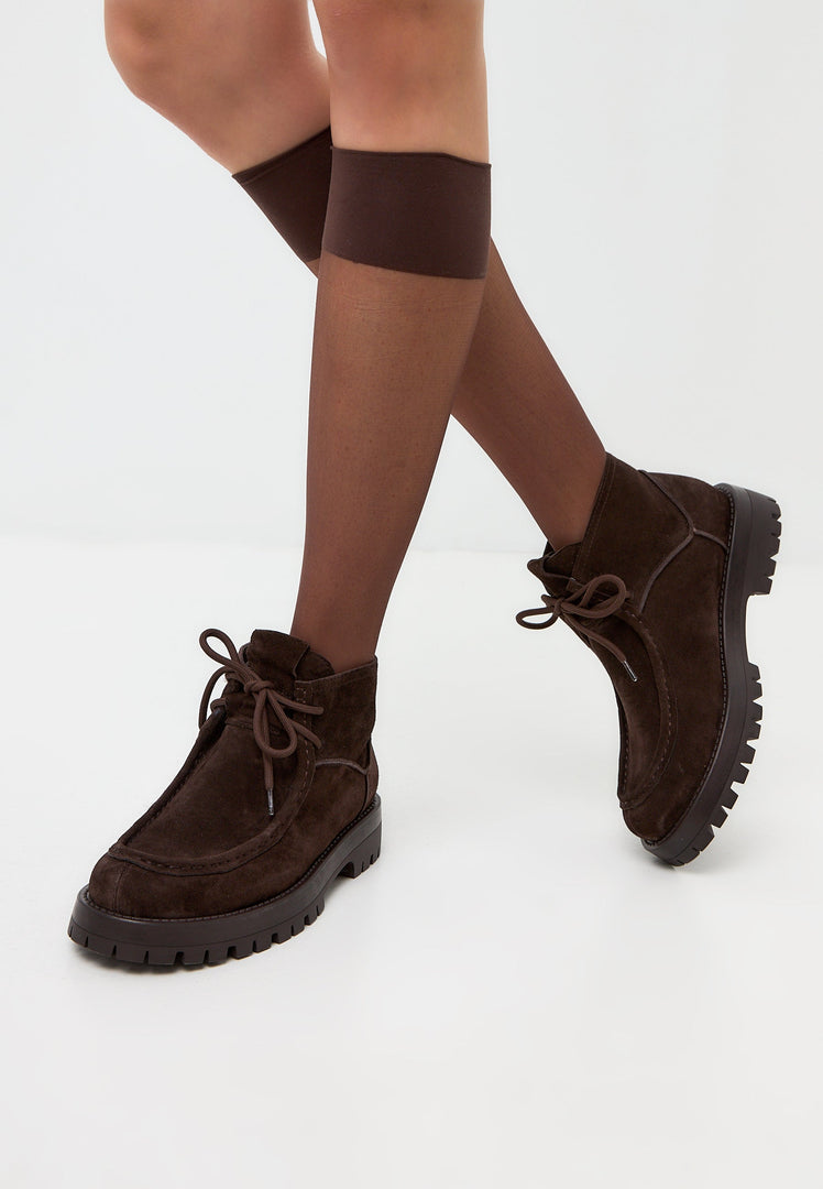 A stylish pair of Mavi brown suede lace-up ankle boots for women.
