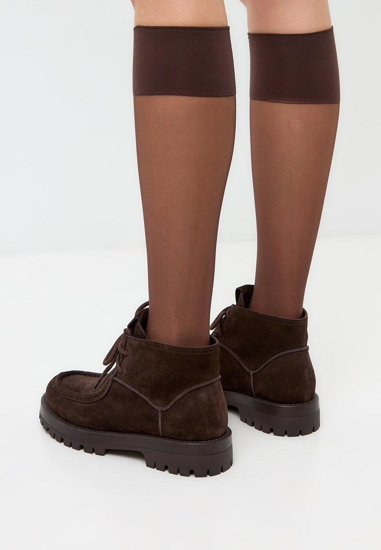 Pair of brown suede lace-up ankle boots, perfect for women, from Mavi.