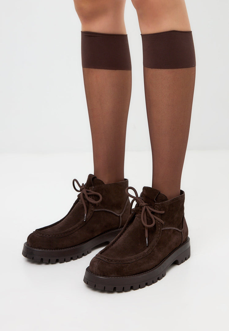 A stylish pair of brown suede lace-up ankle boots for women by Mavi.