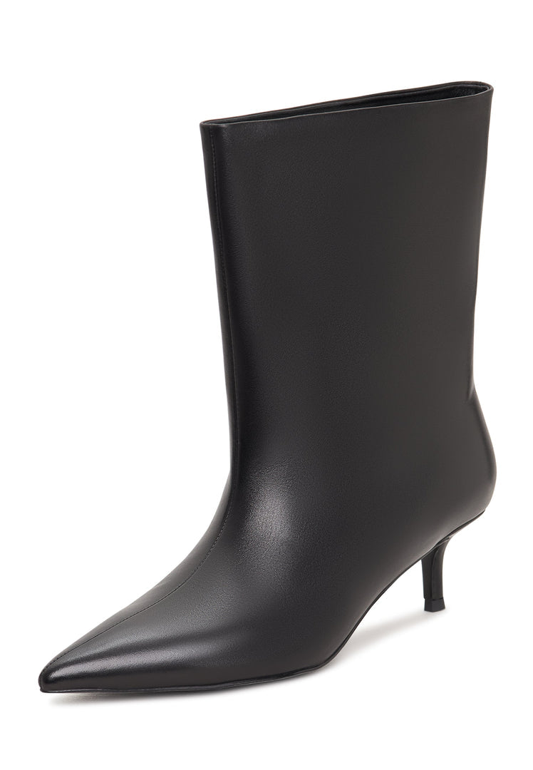A fashionable black ankle boot with a stylish kitten heel, known as Regina boots, perfect for women's outfit.