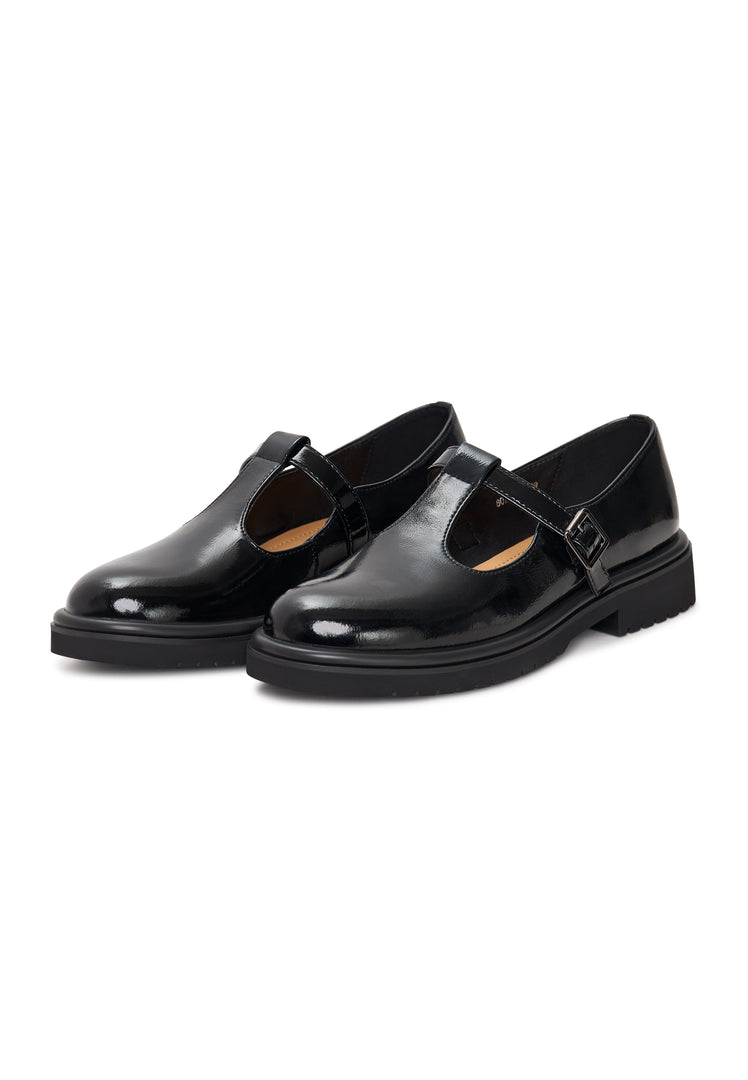 A stylish pair of women's Classic Mary Jane Loafers in patent black, featuring the classic Mary Jane style with a modern twist by MayJay.