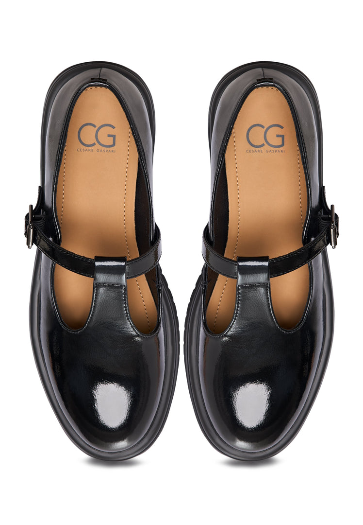 A stylish pair of MayJay women's loafers in classic Mary Jane style, crafted in shiny patent black.