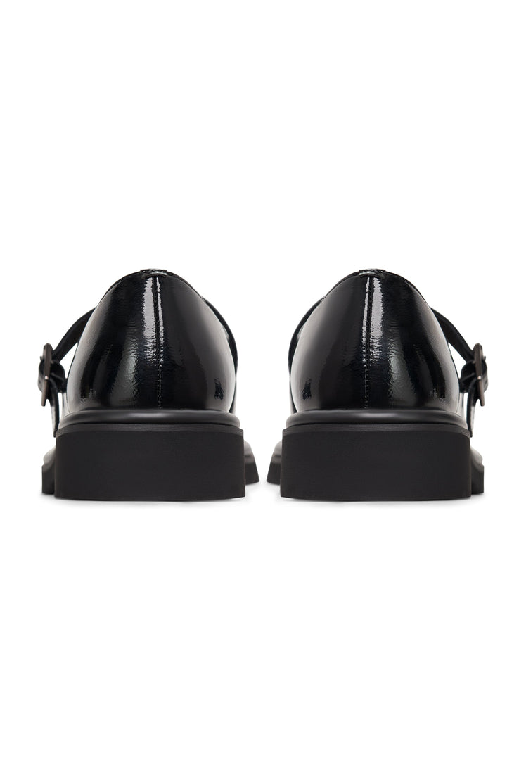 A stylish pair of women's loafers in classic Mary Jane style, featuring MayJay design in glossy patent black.