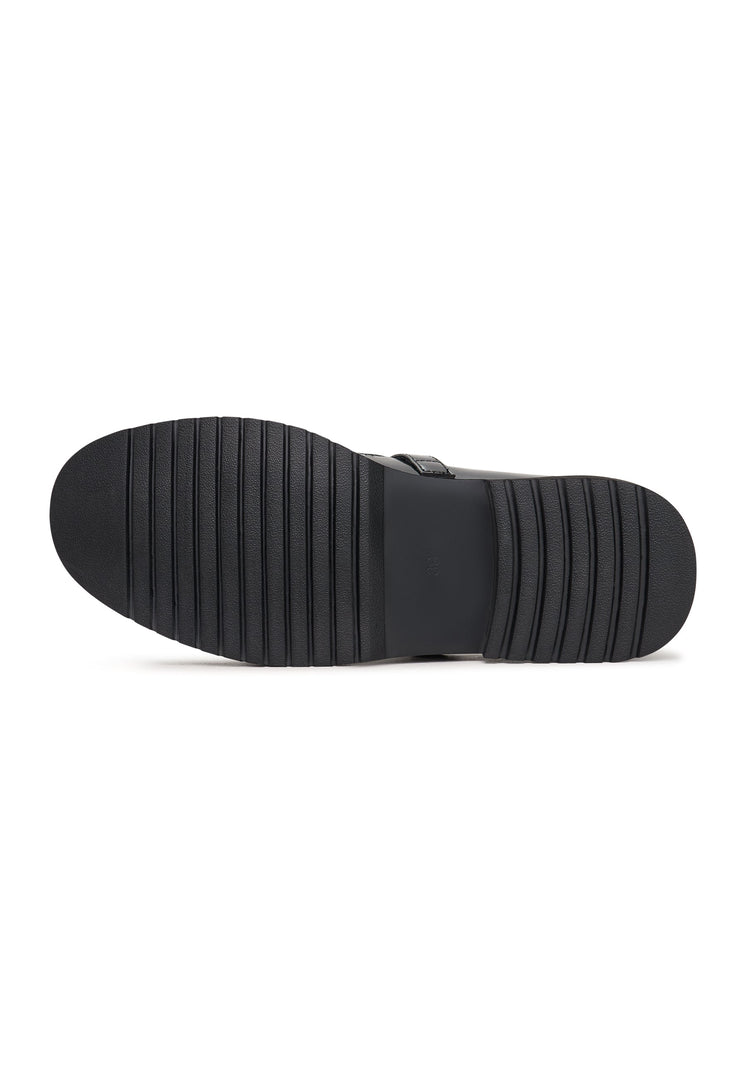 A stylish pair of women's Mary Jane loafers in classic patent black, also known as MayJay shoes.
