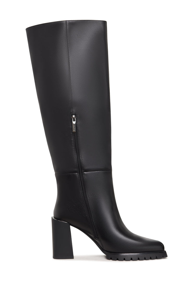 A stylish pair of women's knee-high black boots with a fashionable block heel design.