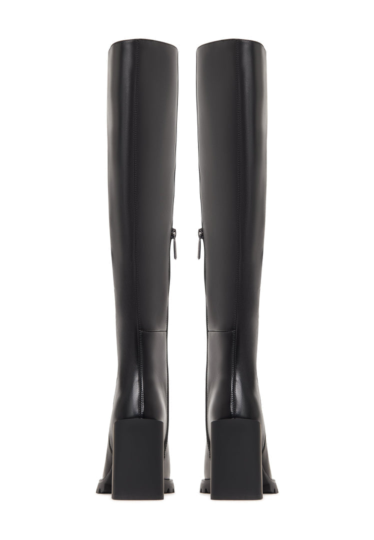 A fashionable pair of women's knee-high black boots with a trendy block heel design.