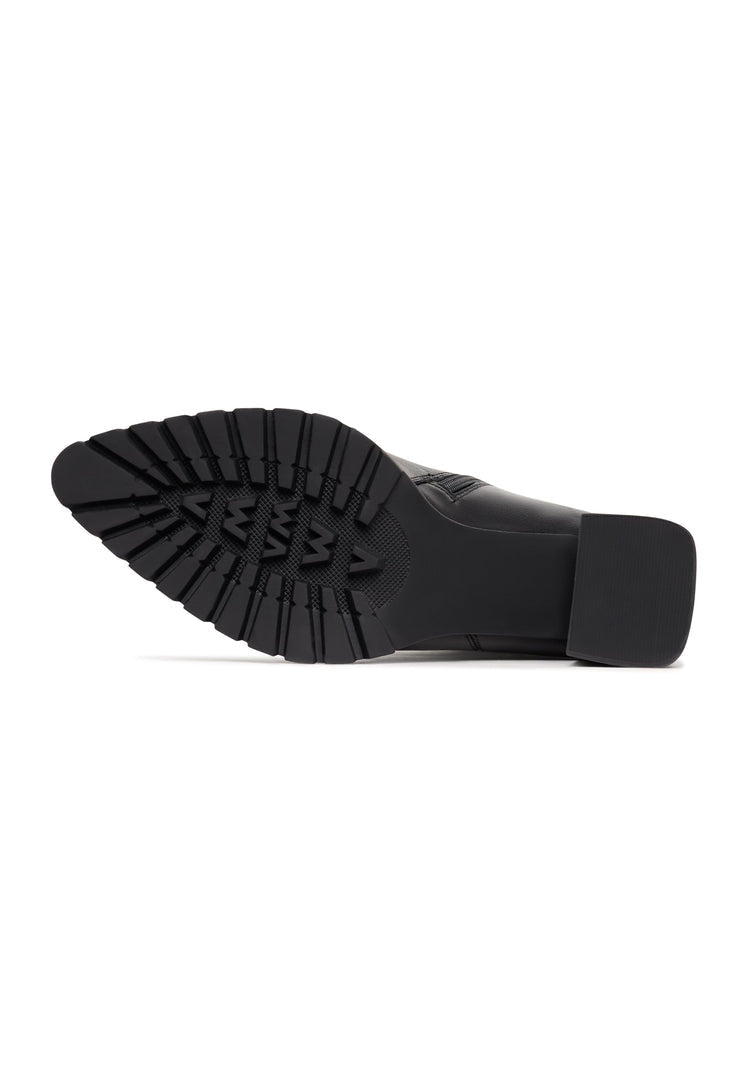 A stylish pair of women's knee-high block heel boots in bold black, perfect for a fashionable look.