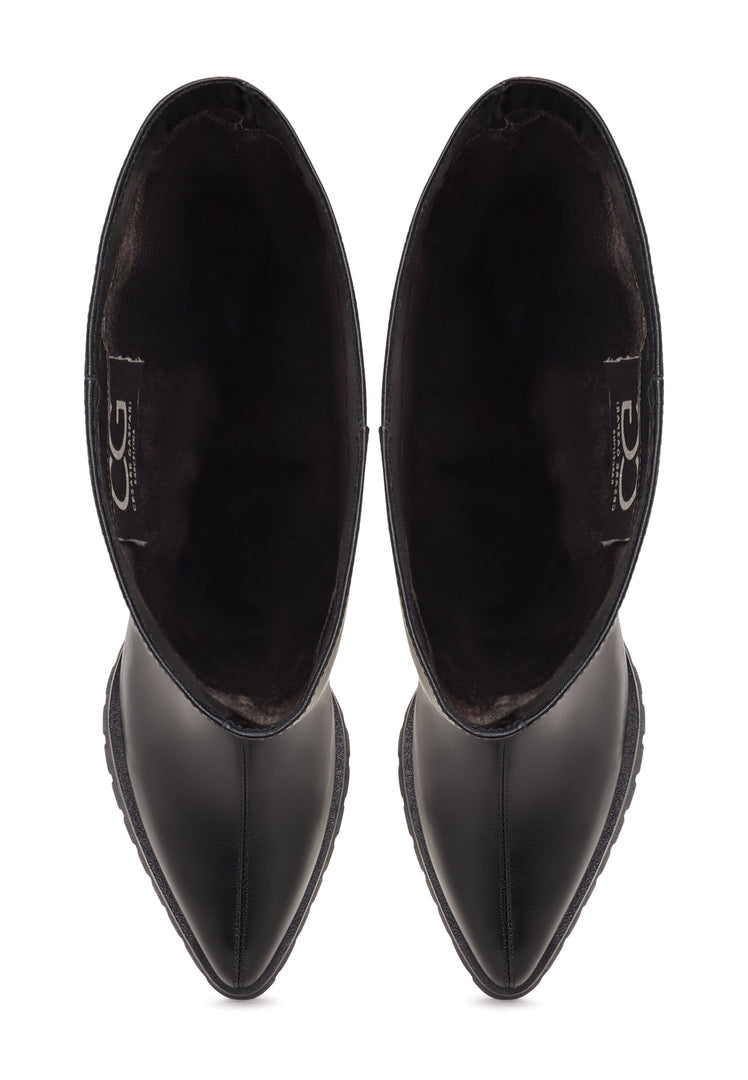 A stylish pair of knee-high block heel boots in bold black, perfect for the fashion-forward woman.