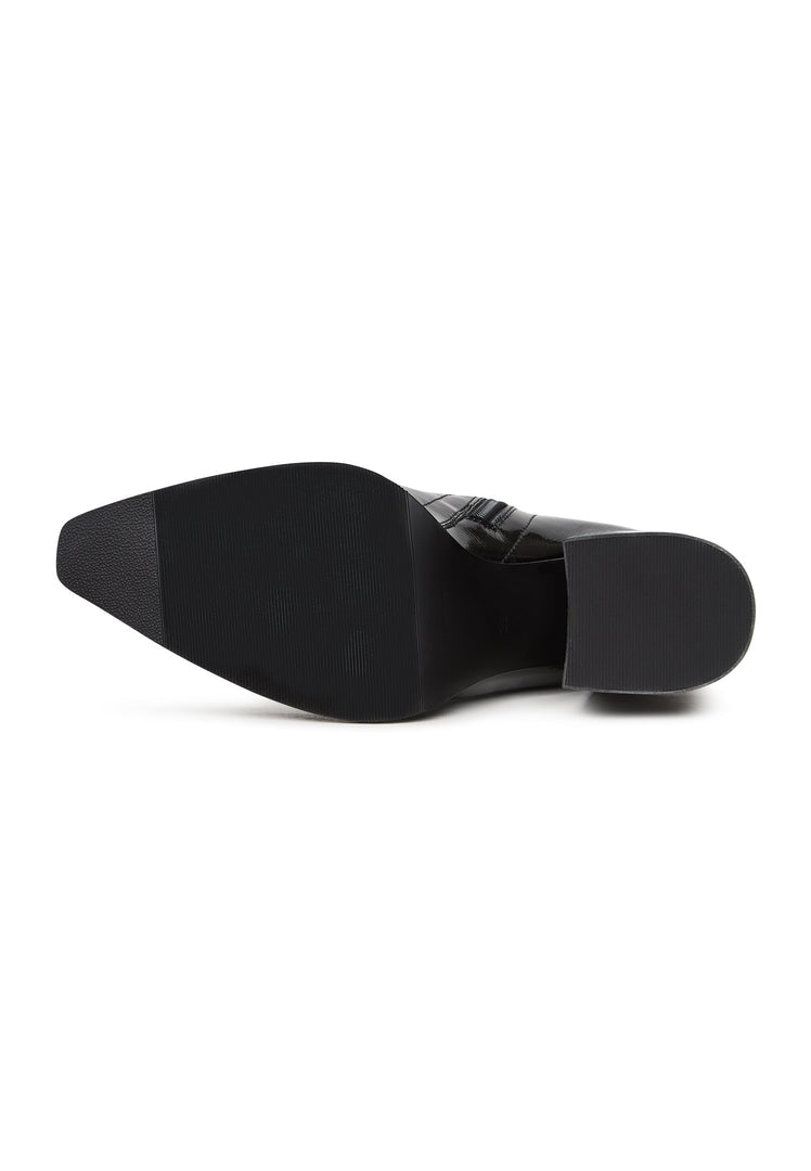 A close-up image of stylish Layla leather block heel boots in patent black for women with a trendy chunky heel design.