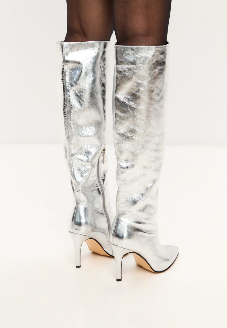 Elegant Silver Knee-High Metallic Boots