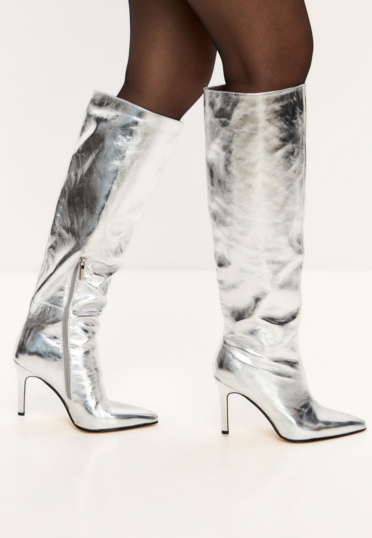 Elegant Silver Knee-High Metallic Boots