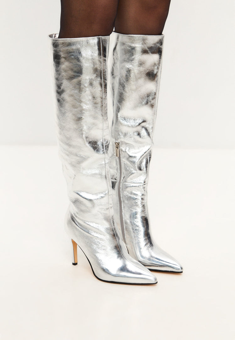 Elegant Silver Knee-High Metallic Boots
