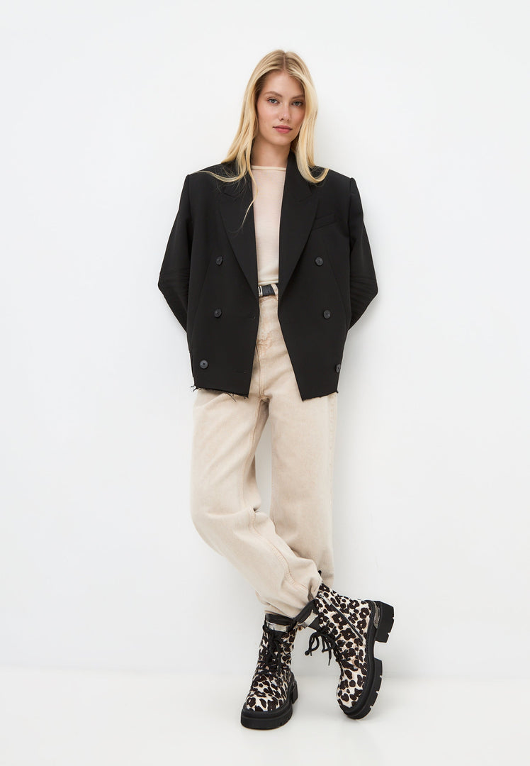 A stylish pair of classic leather platform ankle boots with a trendy Luna leopard print design, perfect for a fashionable look.