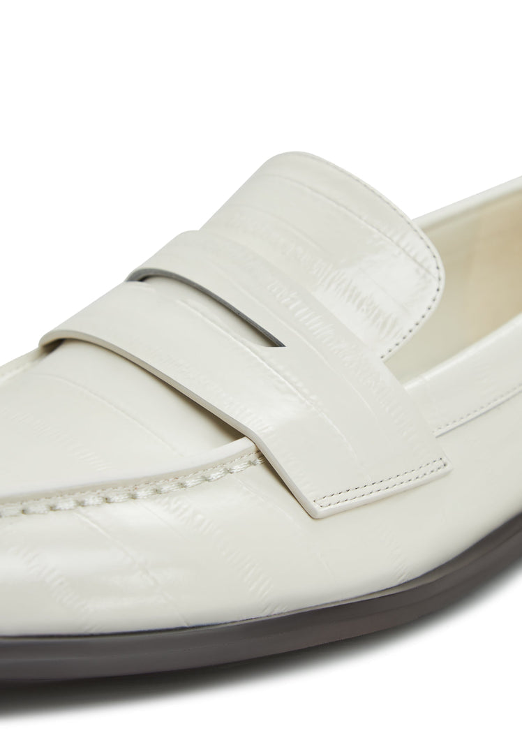 A stylish pair of women's leather block heeled loafers in white, perfect for trendy outfits and effortless style.