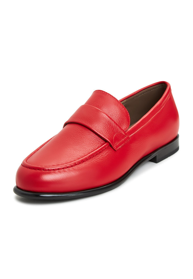 A stylish pair of red leather Abigail loafers with block heels.