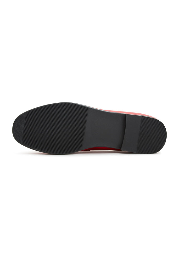 A fashionable pair of red leather Abigail loafers with block heels perfect for any outfit.