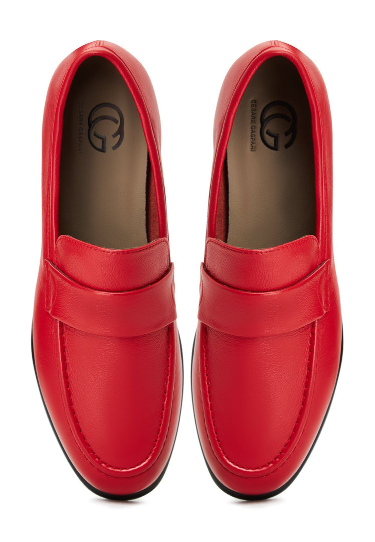 A stylish pair of red leather Abigail loafers with block heels.