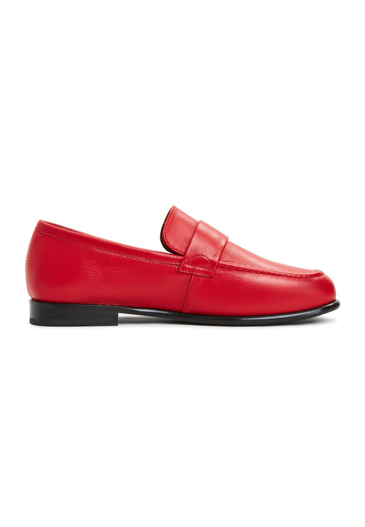 A stylish pair of red leather Abigail loafers with block heels.