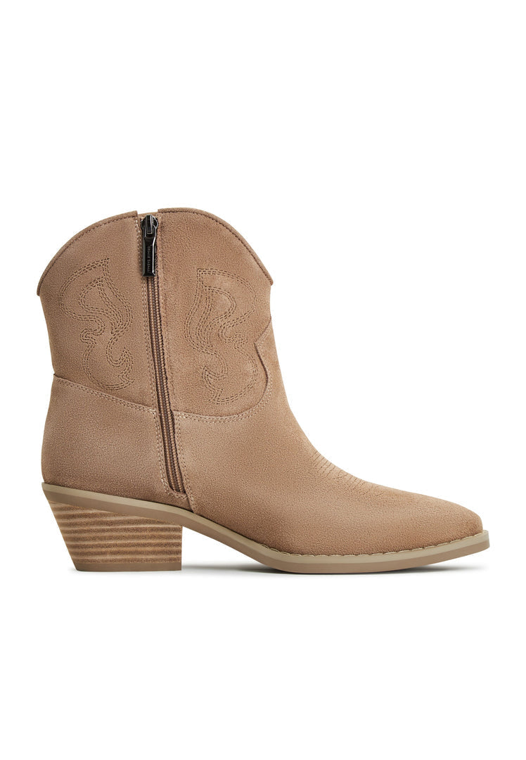 A pair of stylish women's Natalie brown suede cowboy boots with western flair, perfect for cowgirl fashion.