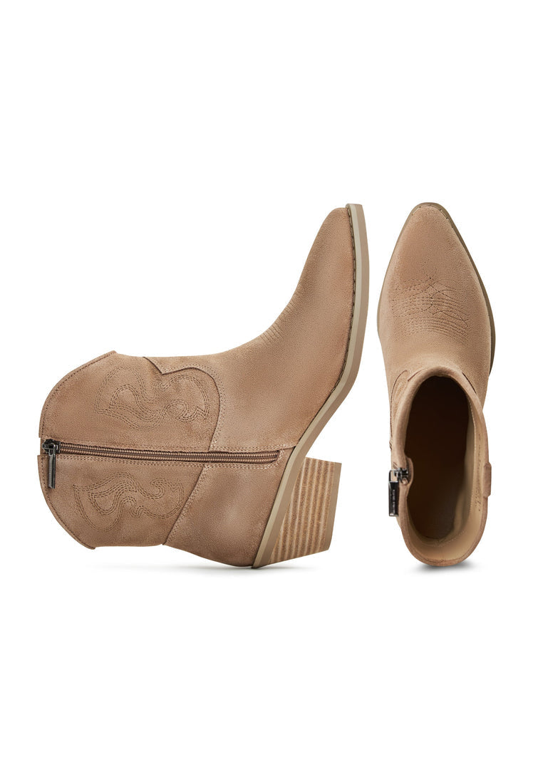 A stylish pair of women's suede cowboy boots in a rich natalie brown color, featuring western style details perfect for cowgirl fashion.