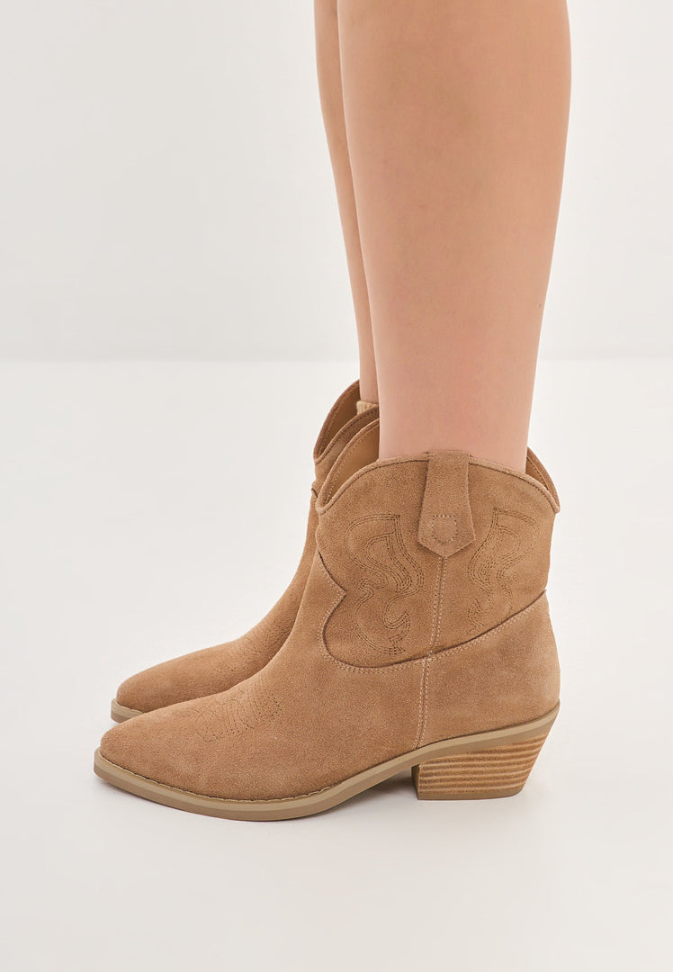 A pair of stylish and elegant Natalie brown suede cowboy boots, perfect for adding a touch of cowgirl fashion to any outfit.