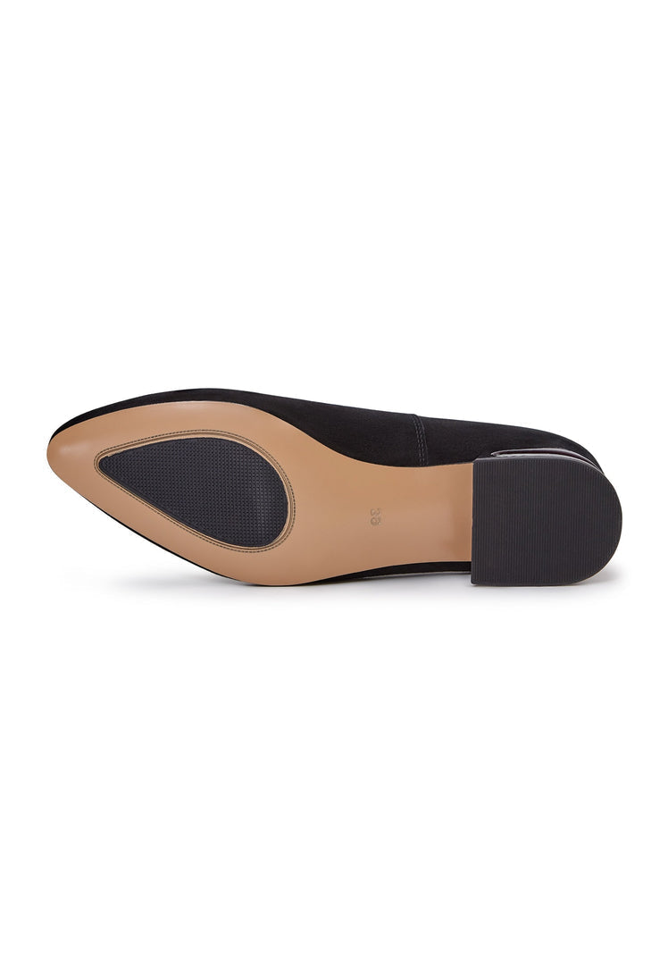 A stylish pair of black suede ballerinas with a pointed tip, perfect for women who love comfortable and chic leather flat shoes.