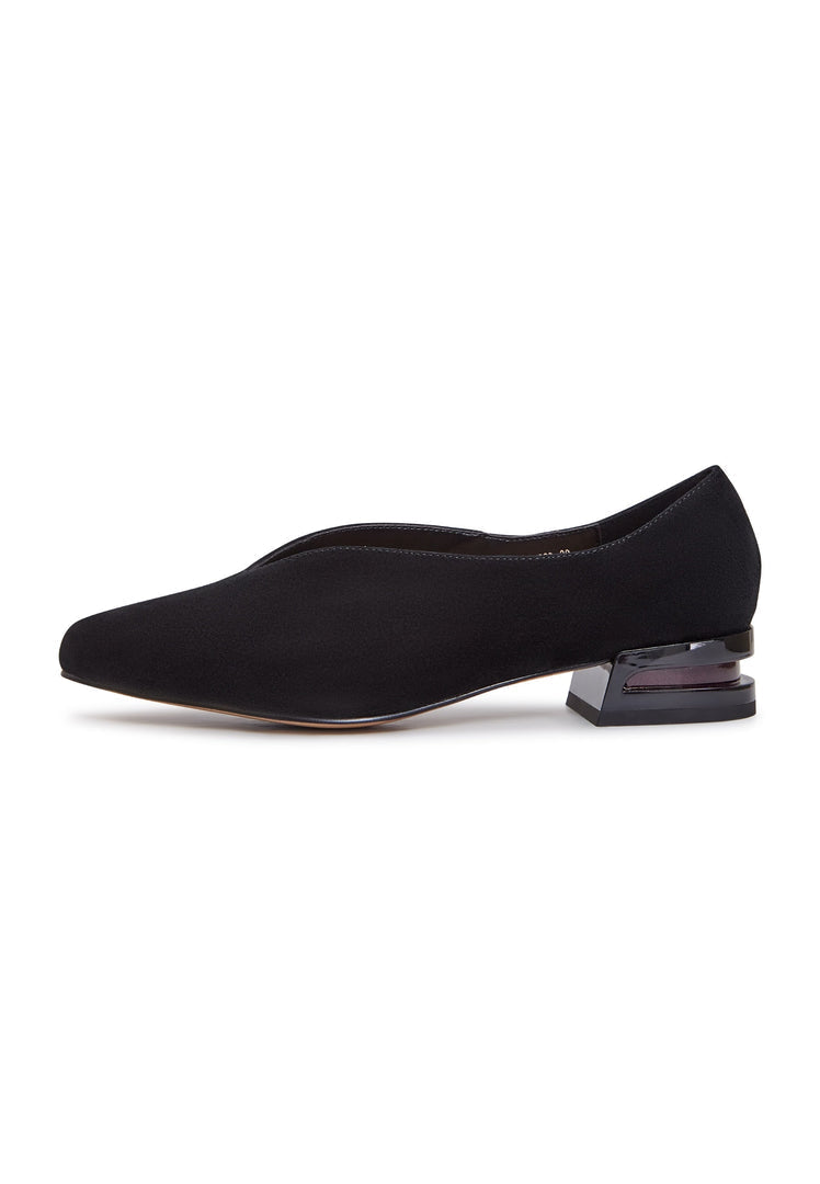 A stylish pair of black pointed suede ballerinas, perfect for any woman's wardrobe.