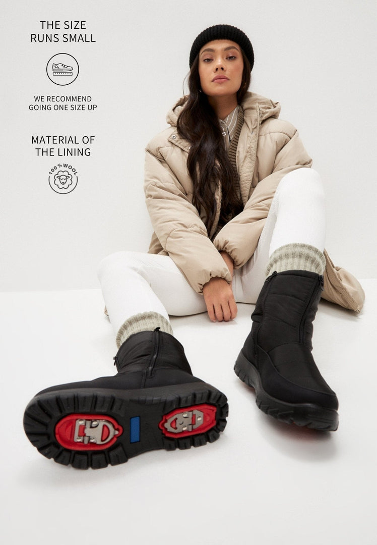 Stay warm and stylish this winter with fur-lined, insulated snow boots featuring snow grips for those icy days - your go-to waterproof cold weather boots.