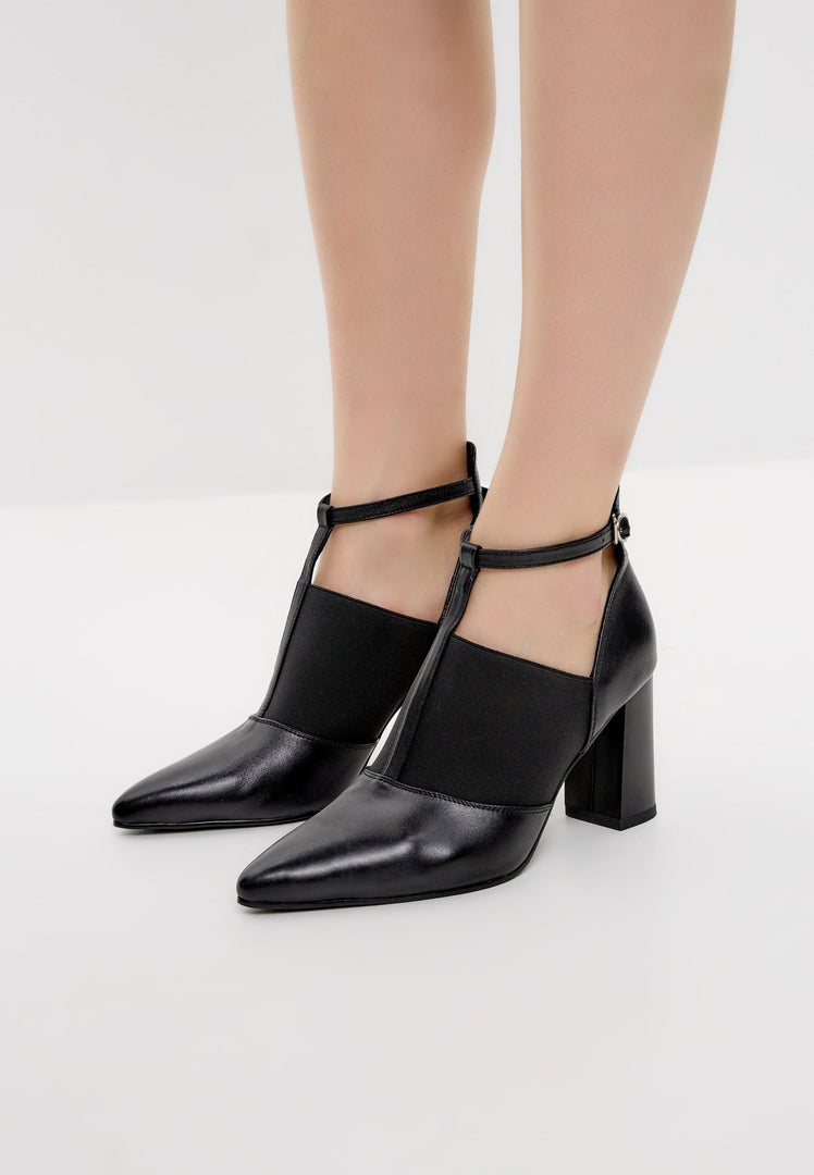 Elevated T-Strap Block Heels - Black