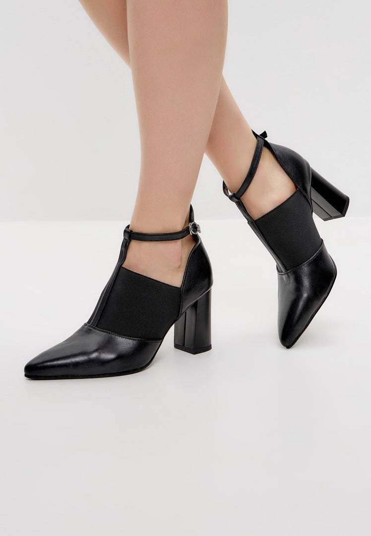 Elevated T-Strap Block Heels - Black