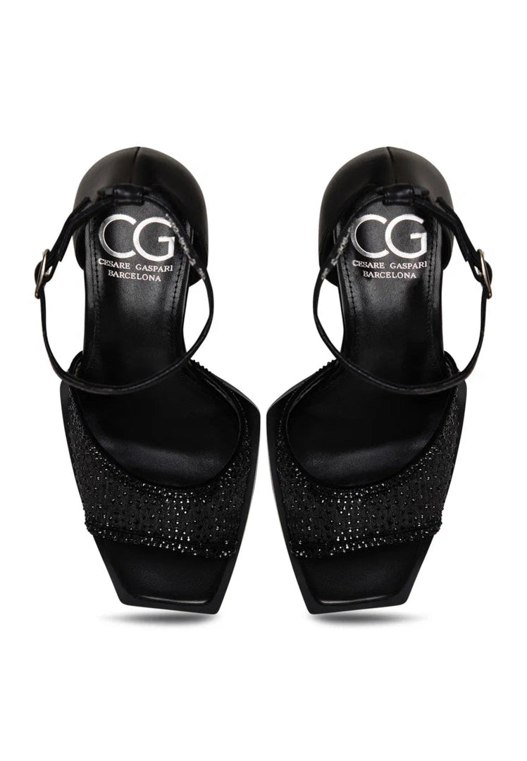 Luxe Crystal Ankle-Strap Heels - Black