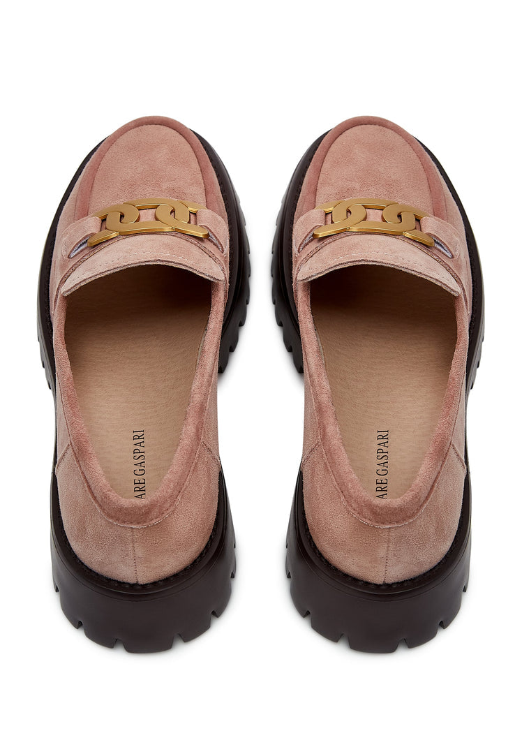 Suede Chunky Loafers with Golden Chain - Pink