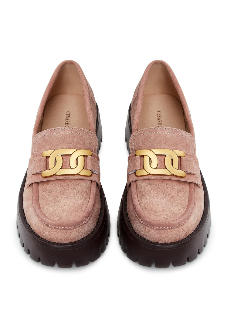 Suede Chunky Loafers with Golden Chain - Pink