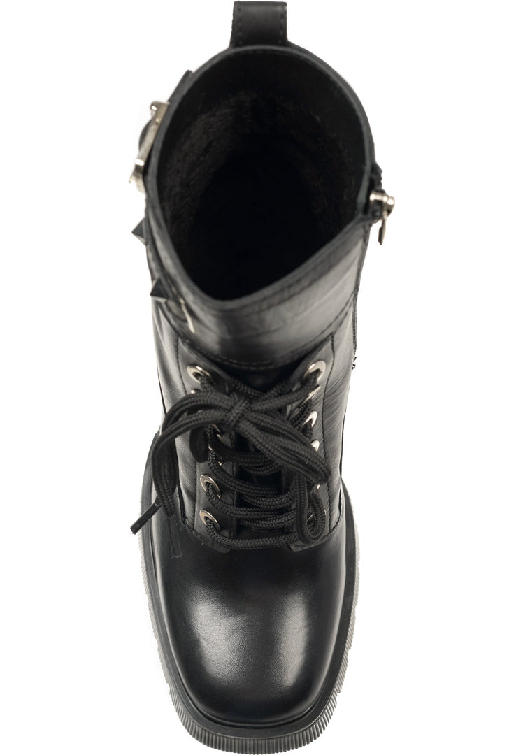 A stylish pair of studded combat boots with a fashionable heel, perfect for women looking for edgy and trendy footwear.