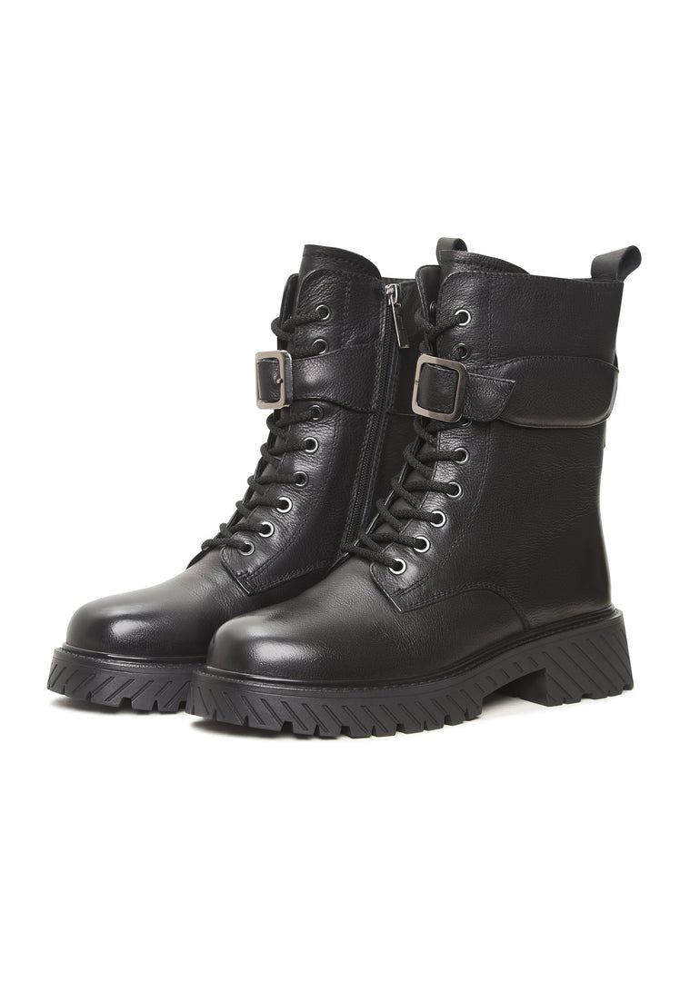 Robuste Schnürstiefel Betty mit Innensohle aus Wolle - Schwarz