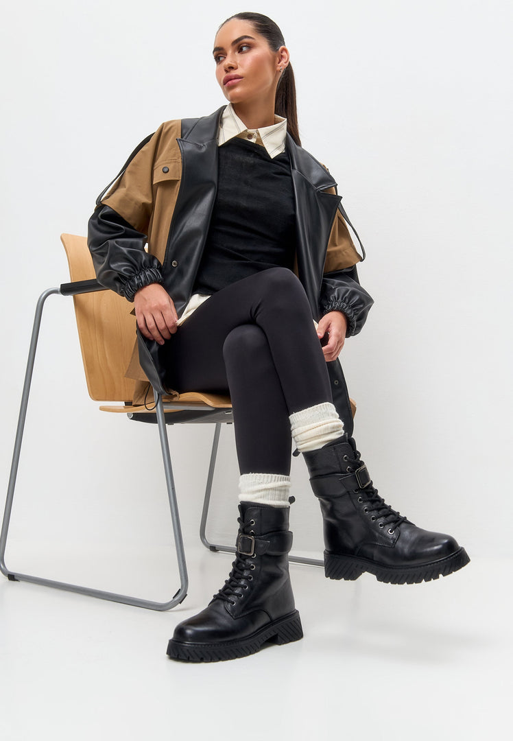 Robuste Schnürstiefel Betty mit Innensohle aus Wolle - Schwarz