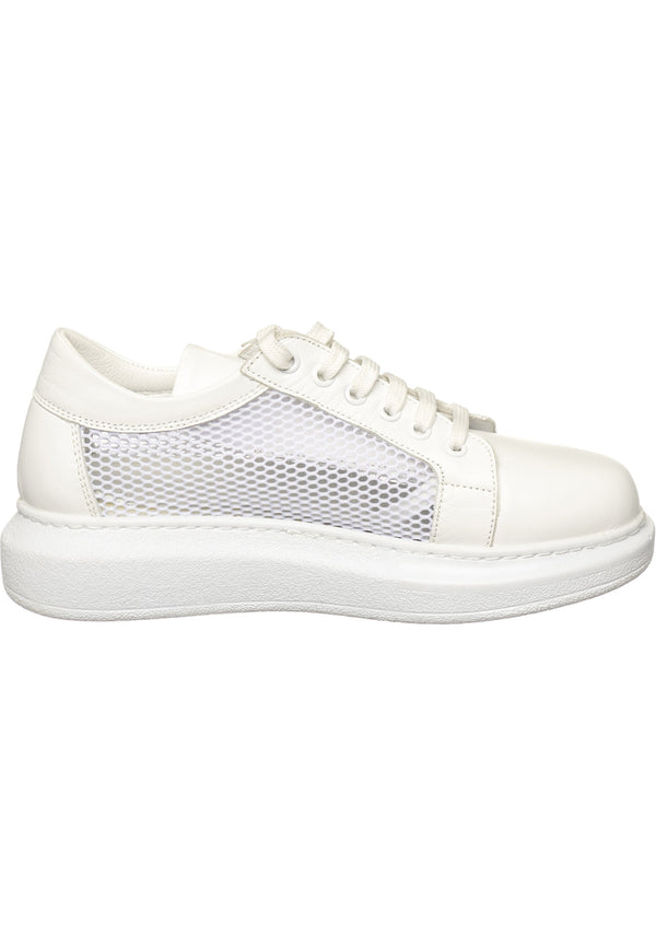 Mesh Panel Lace-Up Sneakers - White