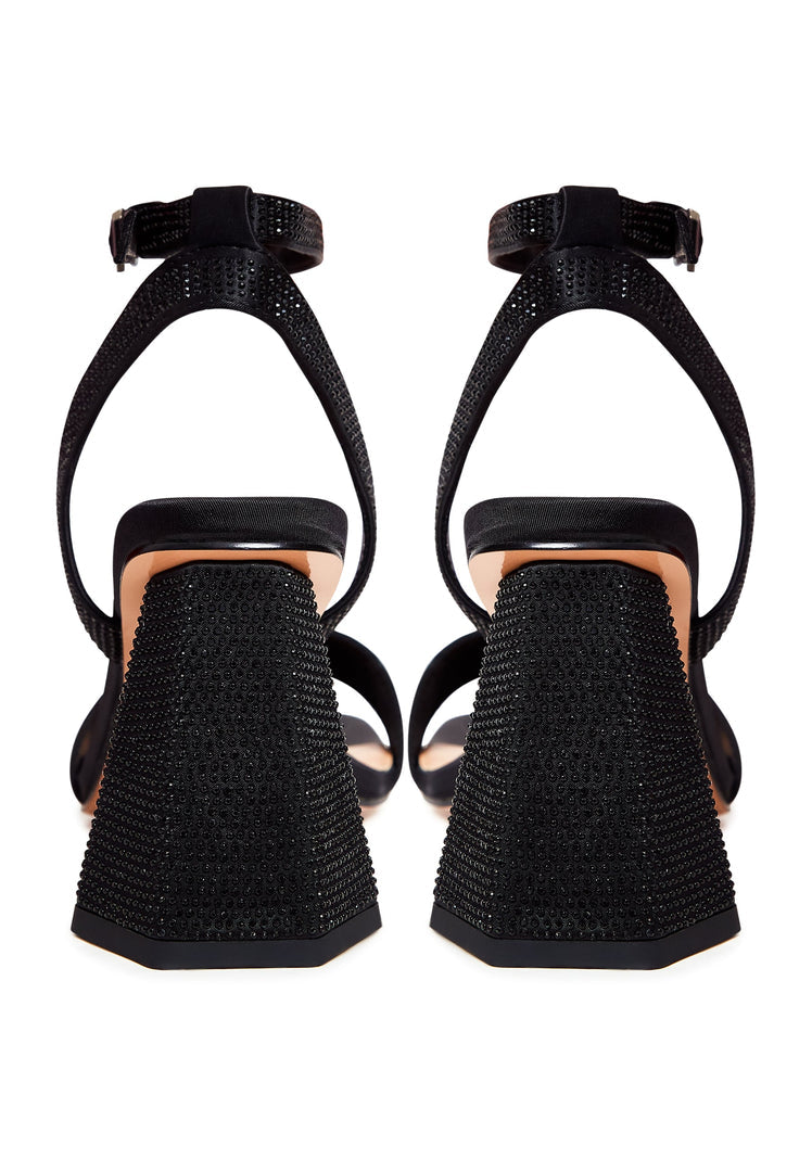 Strappy Block Heel Sandals with Rhinestones - Black